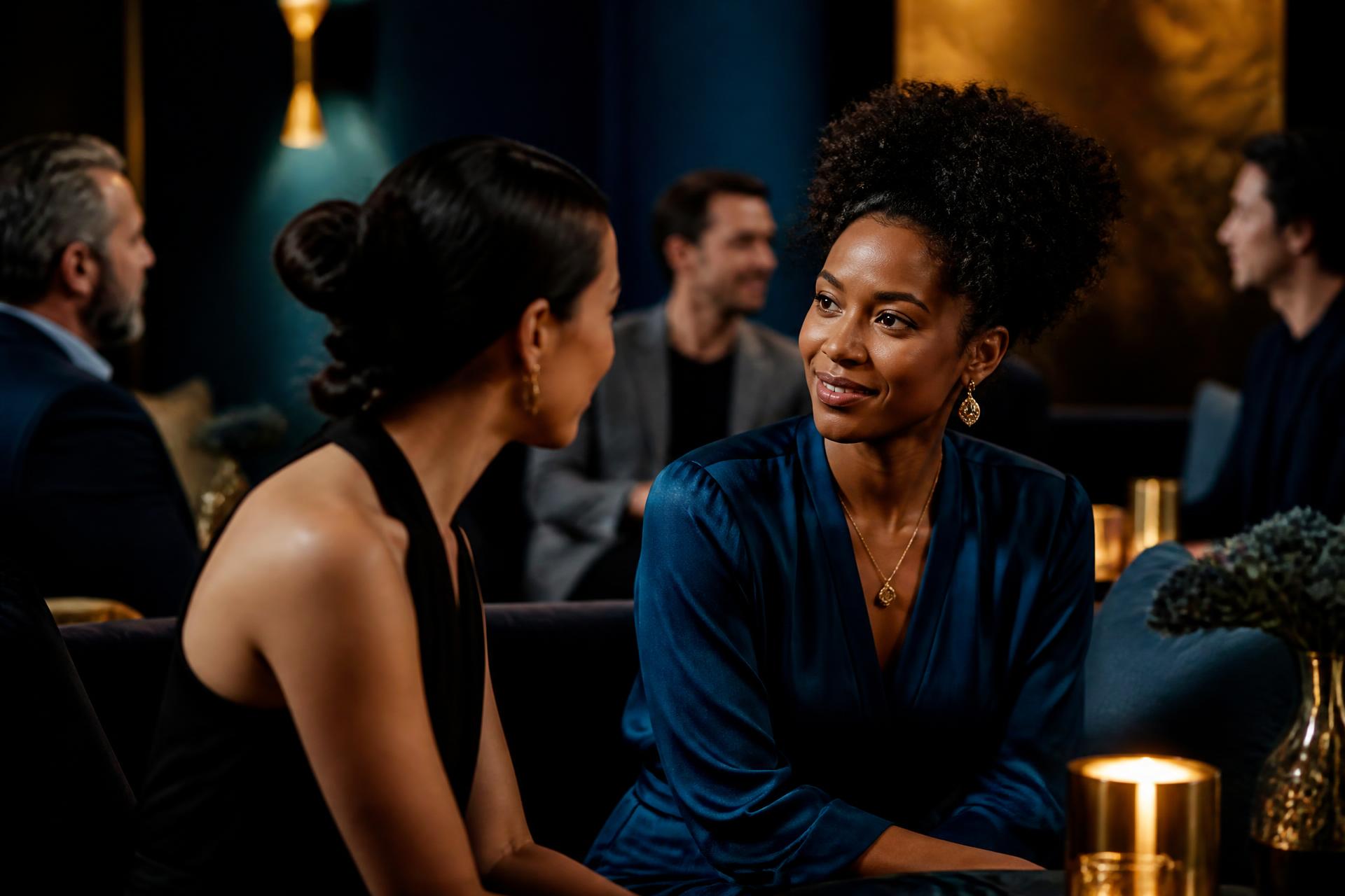 Two women connecting in an elegant, warmly lit gathering space